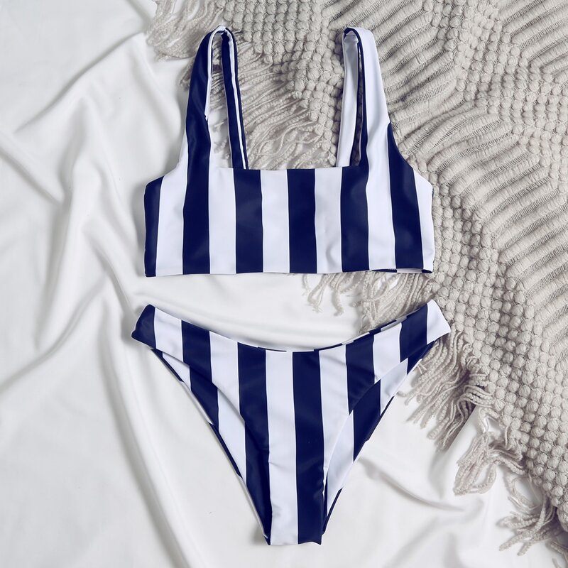 

Striped Print Bikini Swimsuit, Navy blue