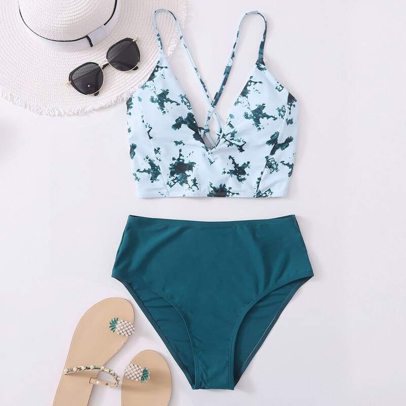 

Tie Dye High Waisted Bikini Swimsuit, Teal blue