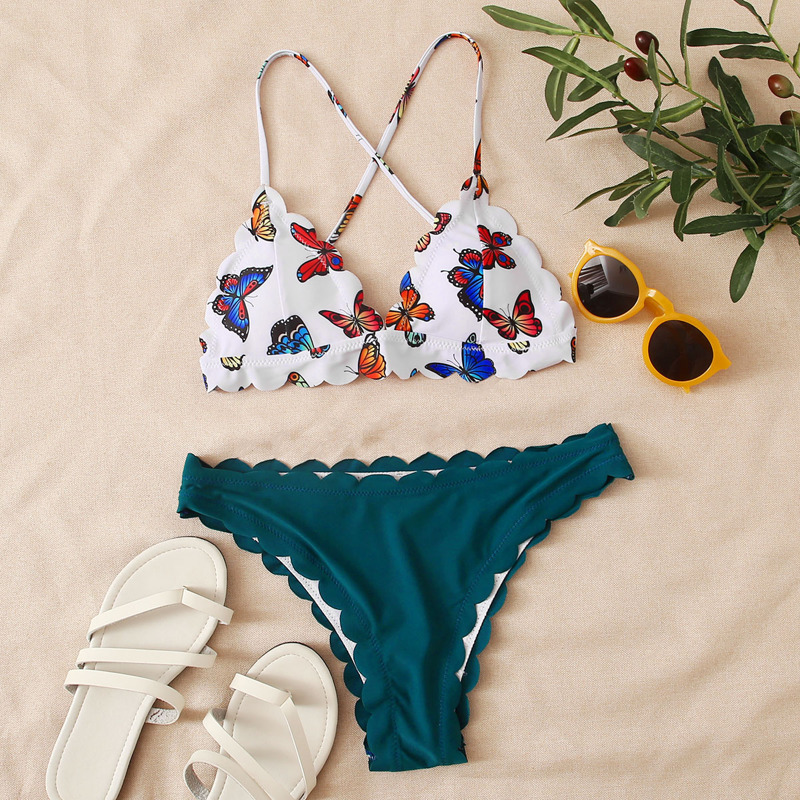 

Butterfly Print Scallop Trim Bikini Swimsuit, Multicolor