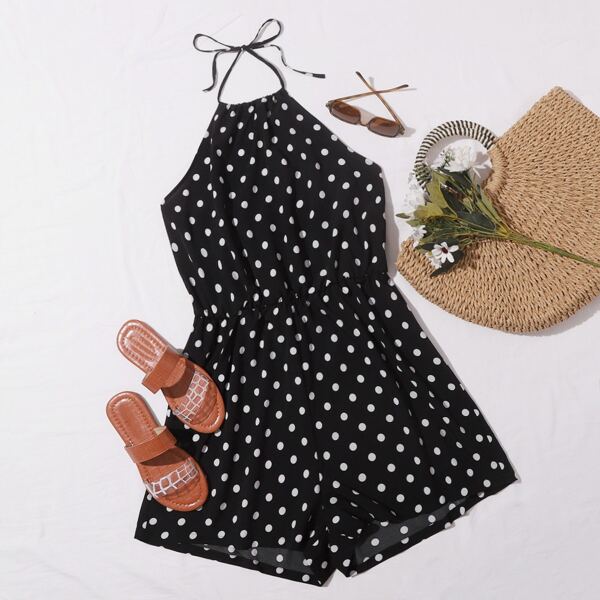 

Plus Polka Dot Tie Back Halter Jumpsuit, Black