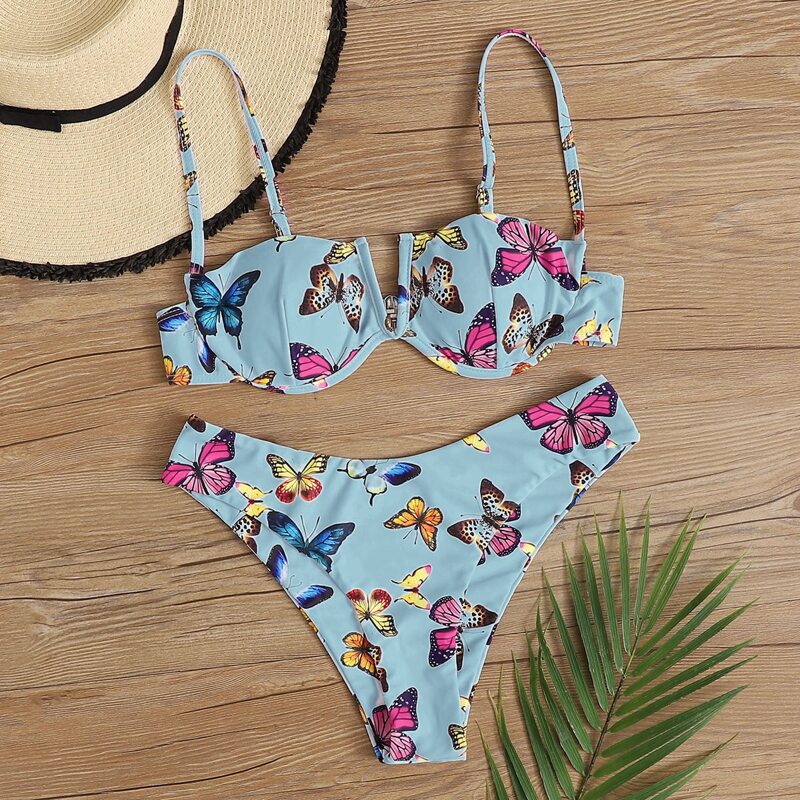 

Butterfly Print V Wired Underwire Bikini Swimsuit, Dusty blue