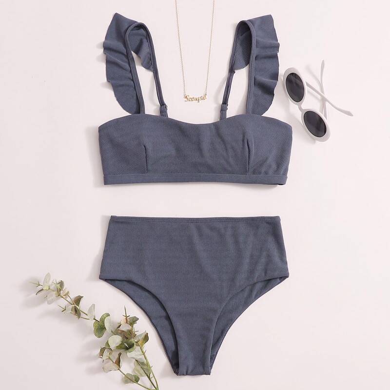 

Rib Ruffle High Waisted Bikini Swimsuit, Dusty purple