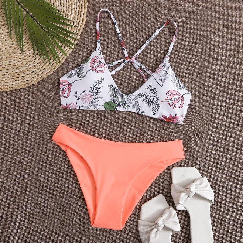 

Plant Print Tie Back Bikini Swimsuit, Multicolor