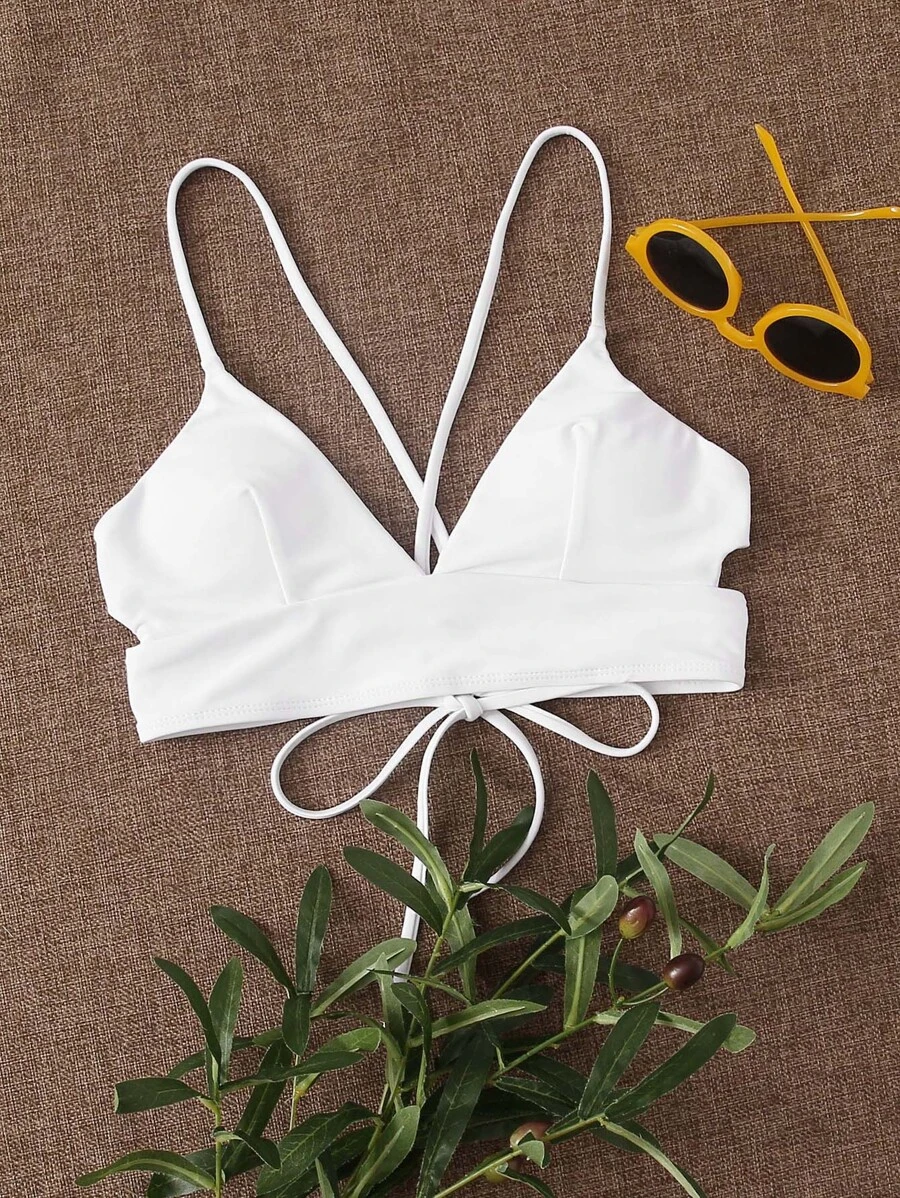 Swim Mod Summer Beach Cut-Out Tie Back Bikini Top - White - View 1