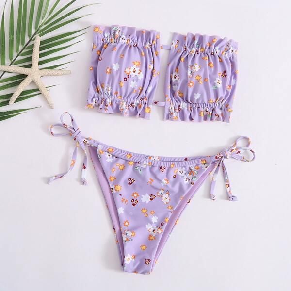 

Ditsy Floral Ruched Bandeau Tie Side Bikini Swimsuit, Lilac purple