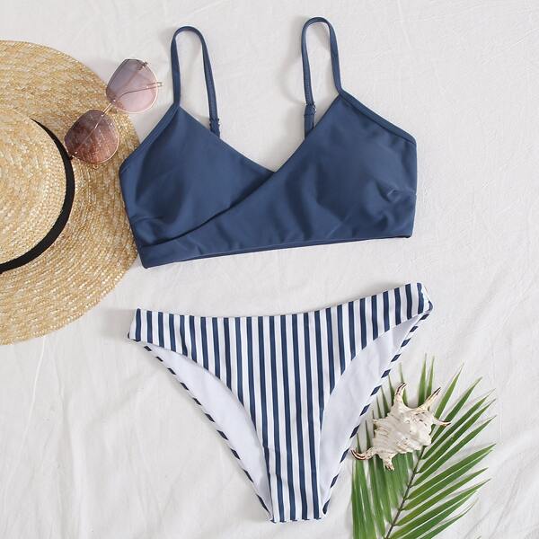 

Striped Surplice Neck Bikini Swimsuit, Dusty blue
