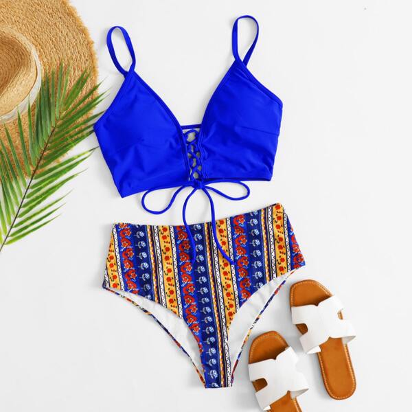 

Tribal Lace-up High Waisted Bikini Swimsuit, Multicolor