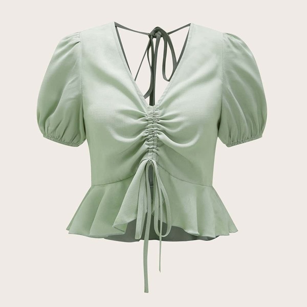 

Drawstring Front Tie Back Puff Sleeve Peplum Top, Green pastel
