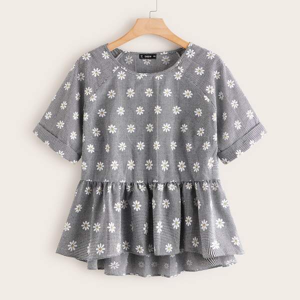 

Raglan Sleeve Floral and Gingham Peplum Top, Black and white