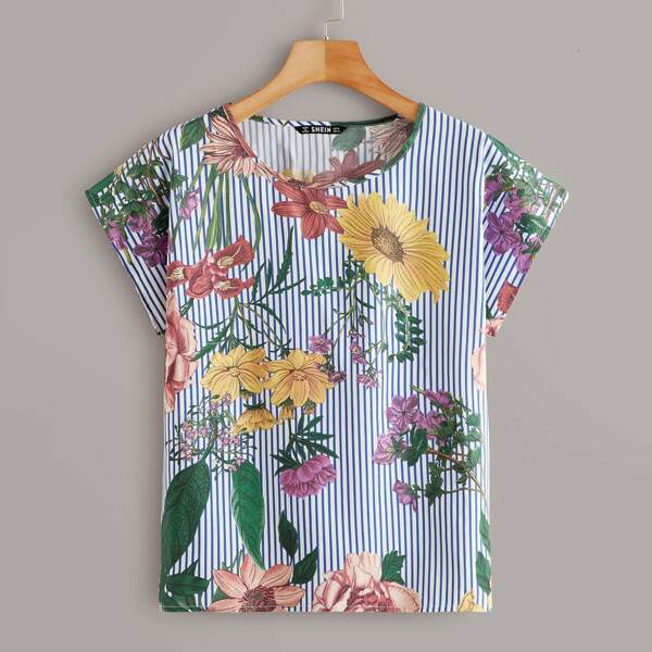 

Plus Batwing Sleeve Floral and Striped Top, Multicolor