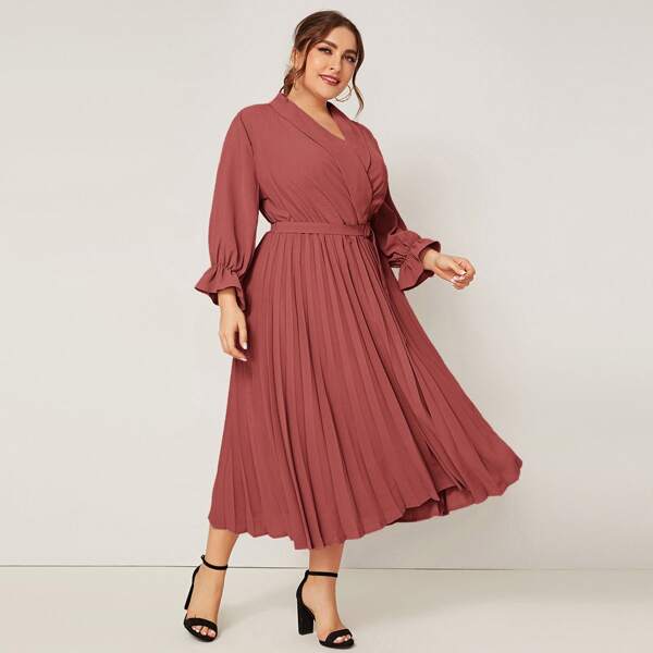 

Plus Shawl Collar Buckle Belted Pleated Dress, Redwood