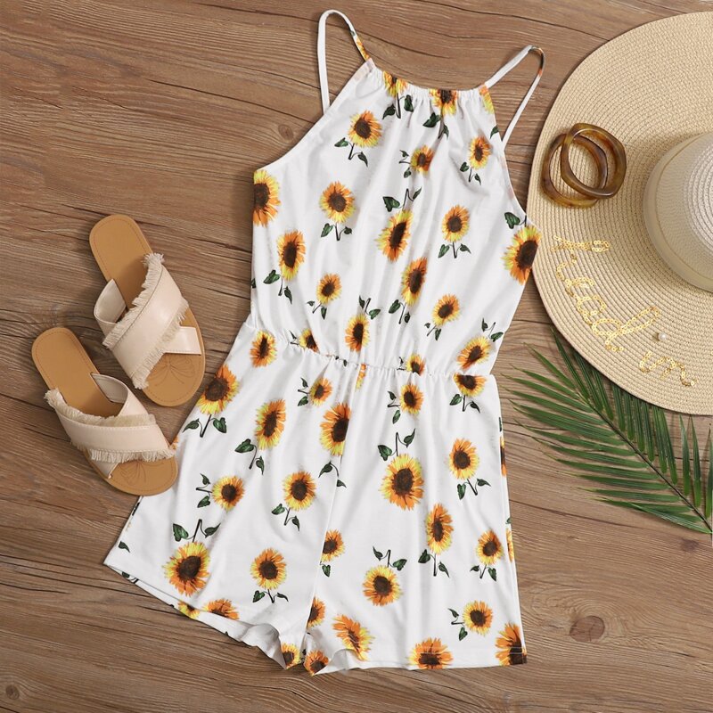 

Sunflower Print Cami Romper, White
