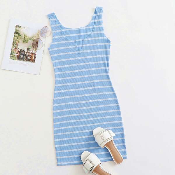 

Notch Neck Rib-knit Striped Nightdress, Baby blue