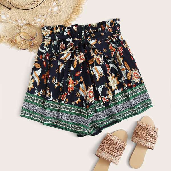 

Paperbag Waist Belted Tribal Shorts, Multicolor