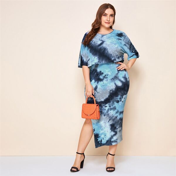 

Plus Tie Dye High Split Dress With Dolman Sleeve Tee, Multicolor