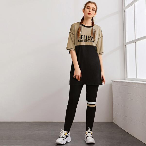 

Slogan Graphic Stitch Detail Tee and Striped Leggings Set, Multicolor