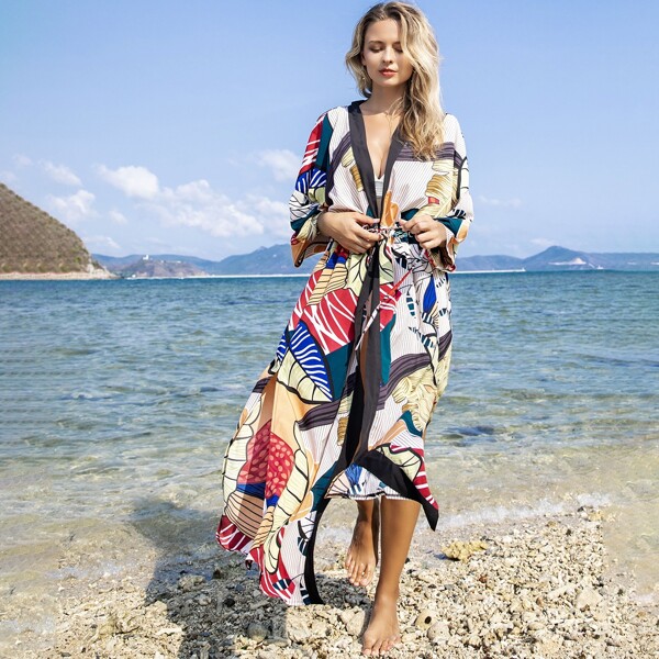 

Tropical & Striped Drawstring Kimono, Multicolor