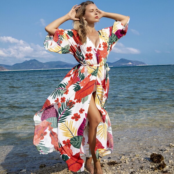 

Tropical & Floral Print Belted Kimono, Multicolor