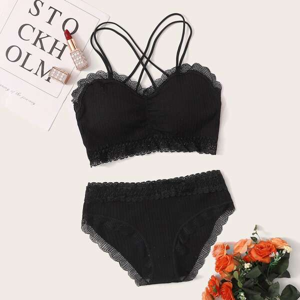 

Lace Trim Crisscross Lingerie Set, Black