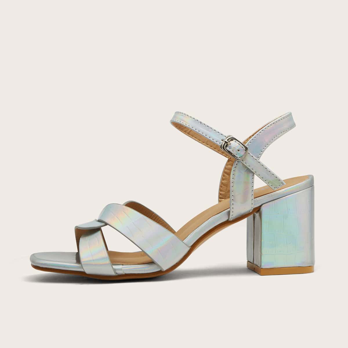 

Holographic Ankle Strap Chunky Heels, Silver