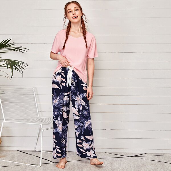 

Floral Print Ribbon Bow PJ Set, Multicolor