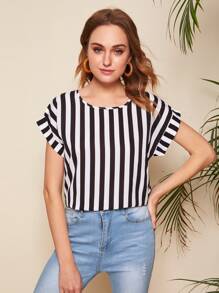SHEIN Roll Up Sleeve Striped Print Top - Black and White - View 1