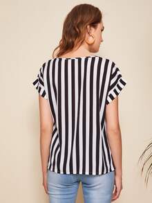 SHEIN Roll Up Sleeve Striped Print Top - Black and White - View 2