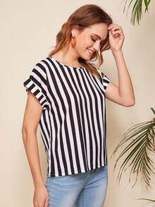 SHEIN Roll Up Sleeve Striped Print Top - Black and White - View 3