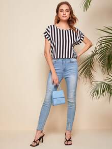 SHEIN Roll Up Sleeve Striped Print Top - Black and White - View 4