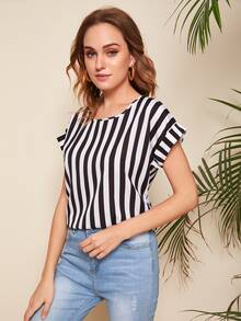 SHEIN Roll Up Sleeve Striped Print Top - Black and White - View 5