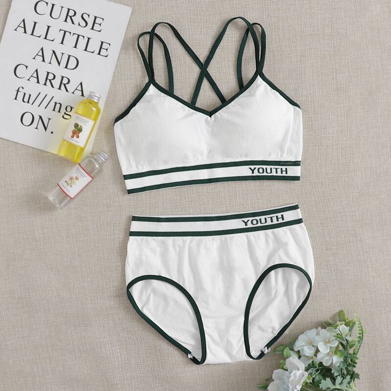 

Contrast Binding Letter Graphic Lingerie Set, White
