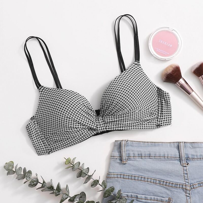 Gingham Knot Wireless Bra, Black and white