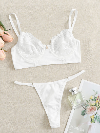 Ribbed Floral Lace Bra & Panty Lingerie Set