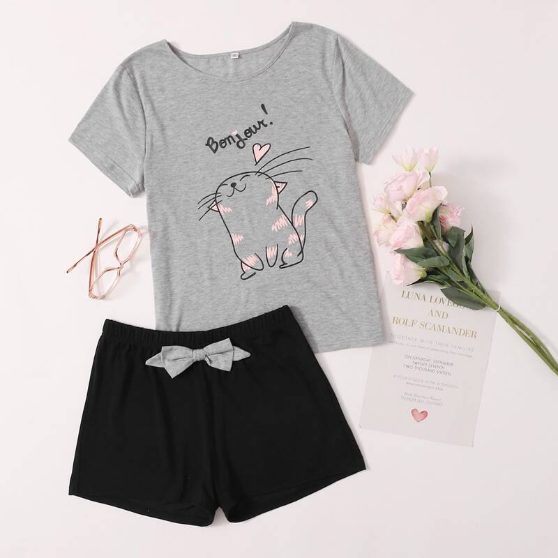

Cartoon Cat And Letter Graphic Pajama Set, Multicolor