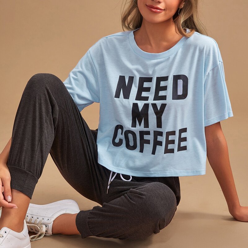 

Slogan Graphic Drawstring Waist PJ Set, Multicolor