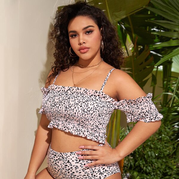 

Plus Leopard Smocked Frill Bikini Swimsuit, Multicolor