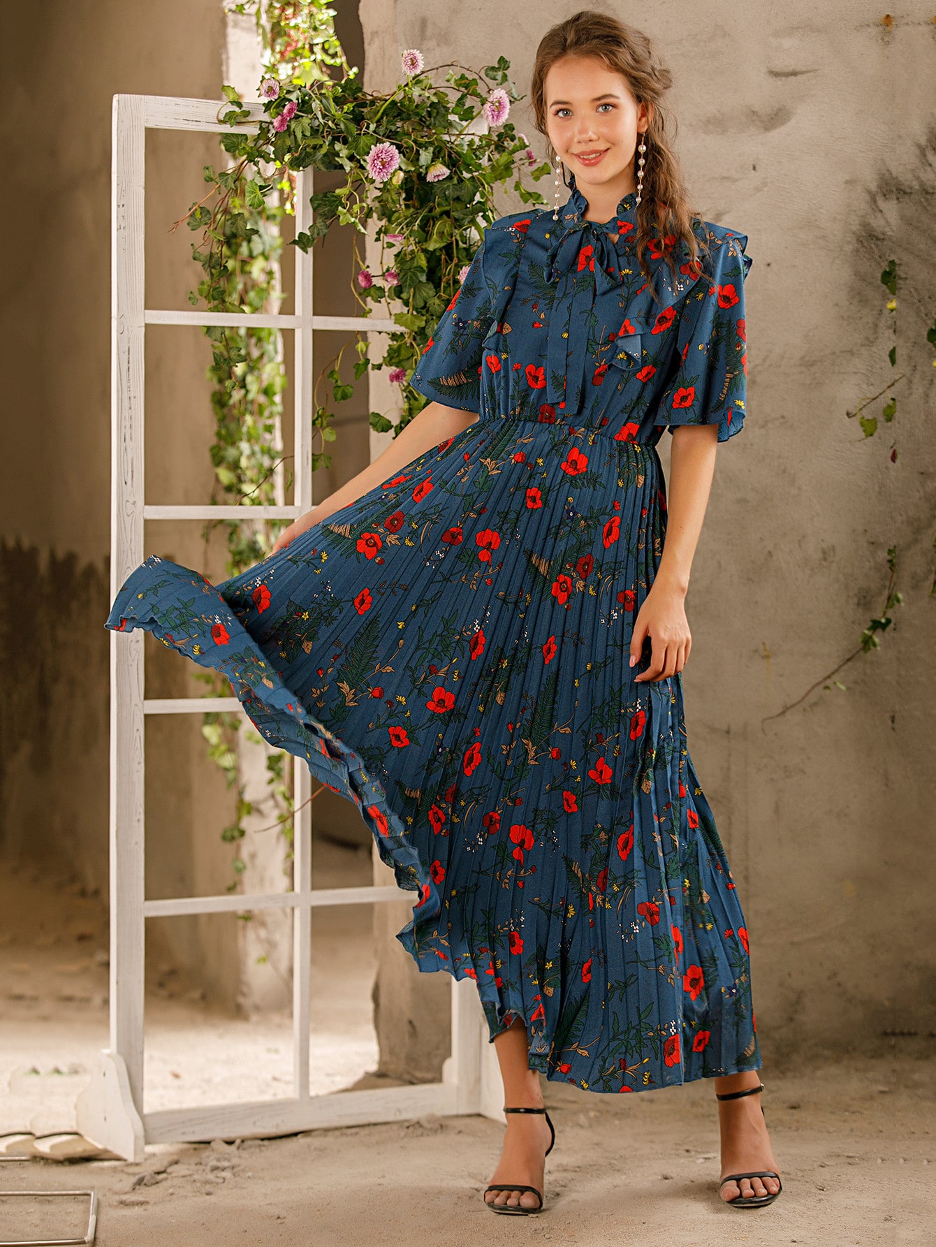 Tie neck pleated dress Clearance