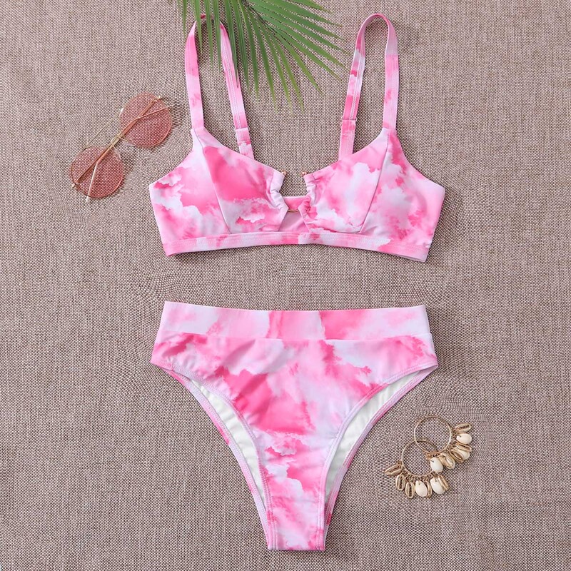 

Tie Dye Ring Linked Bikini Swimsuit, Pink