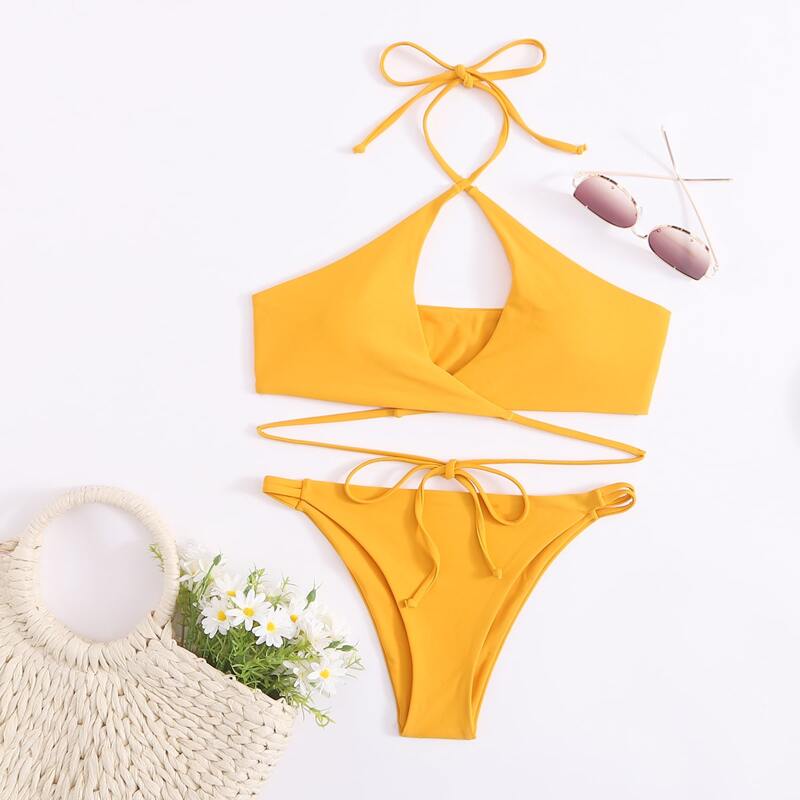 

Cut Out Halter Tanga Bikini Swimsuit, Yellow