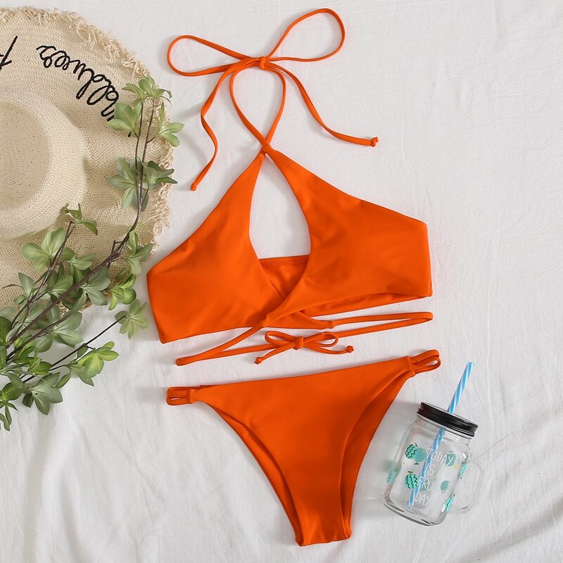 

Cut Out Halter Tanga Bikini Swimsuit, Orange bright