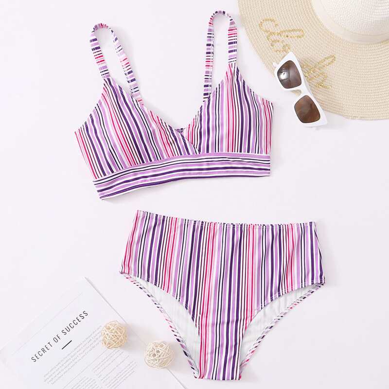 

Striped Surplice Neck Bikini Swimsuit, Multicolor