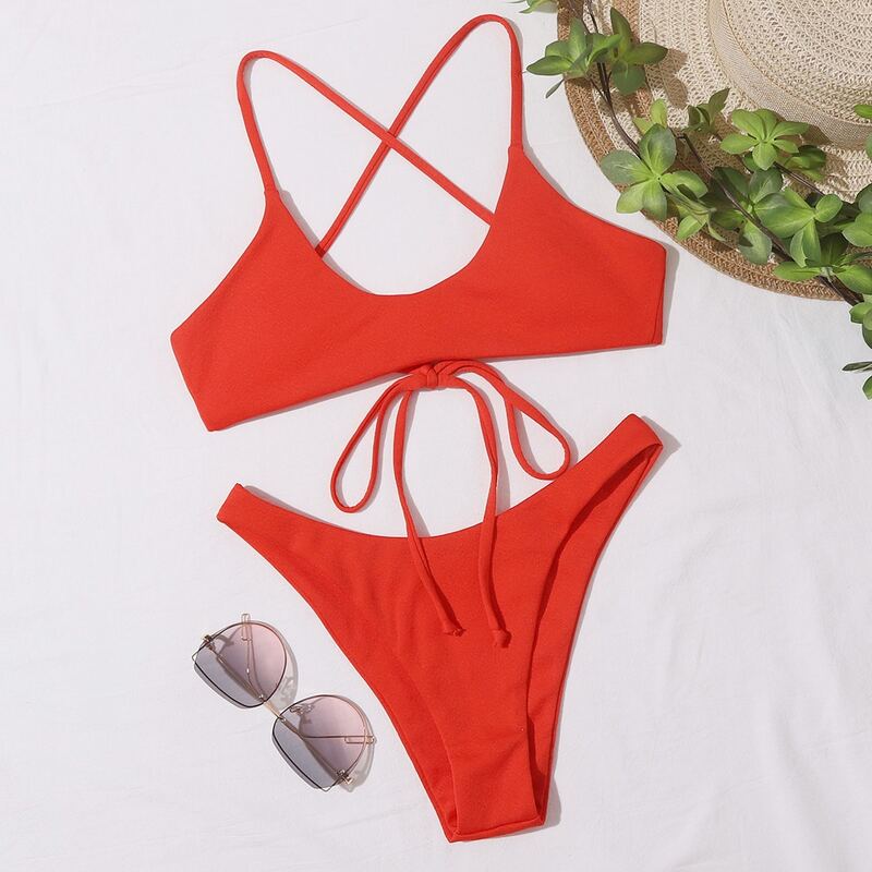 

Solid Knot Back High Cut Bikini Swimsuit, Red