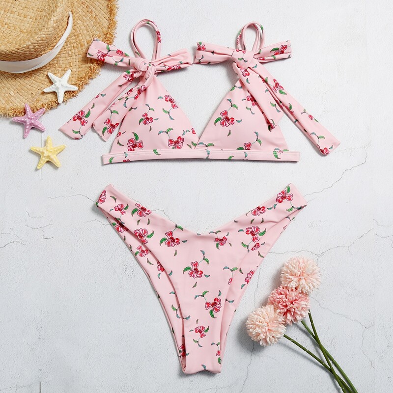 

Floral Knot Triangle High Cut Bikini Swimsuit, Pastel baby pink