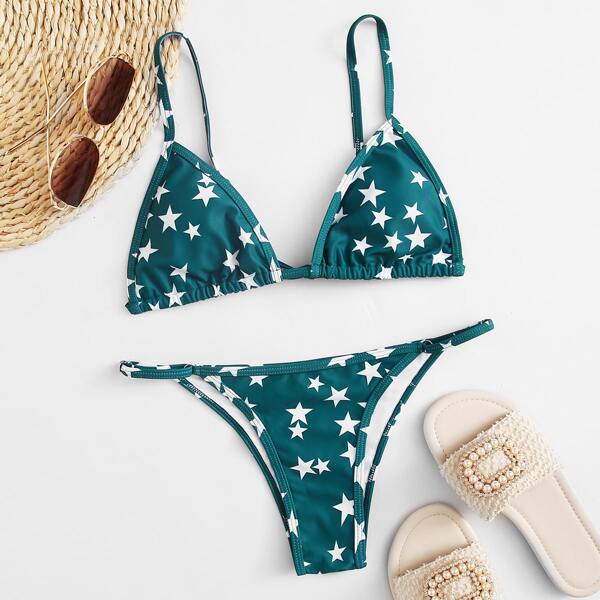 

Star Print Triangle Tanga Bikini Swimsuit, Dark green