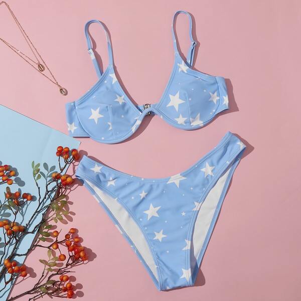 

Star Print Underwire Bikini Swimsuit, Baby blue