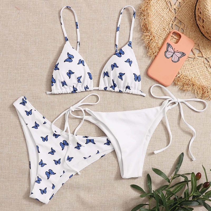 

3pack Butterfly Print Triangle Co-ord Bikini Swimsuit, White