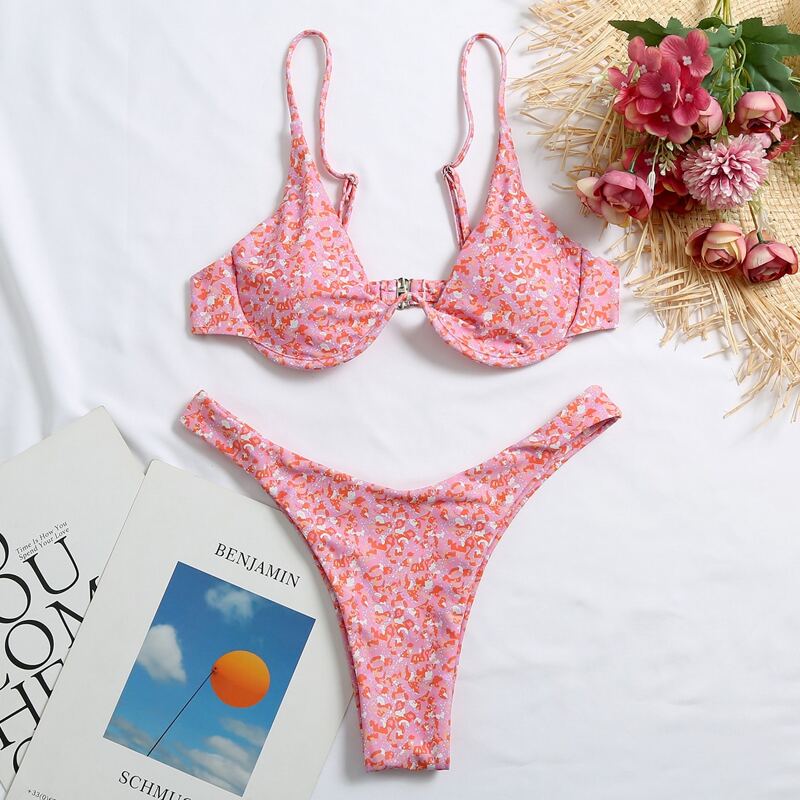 

Allover Print Underwire Bikini Swimsuit, Baby pink