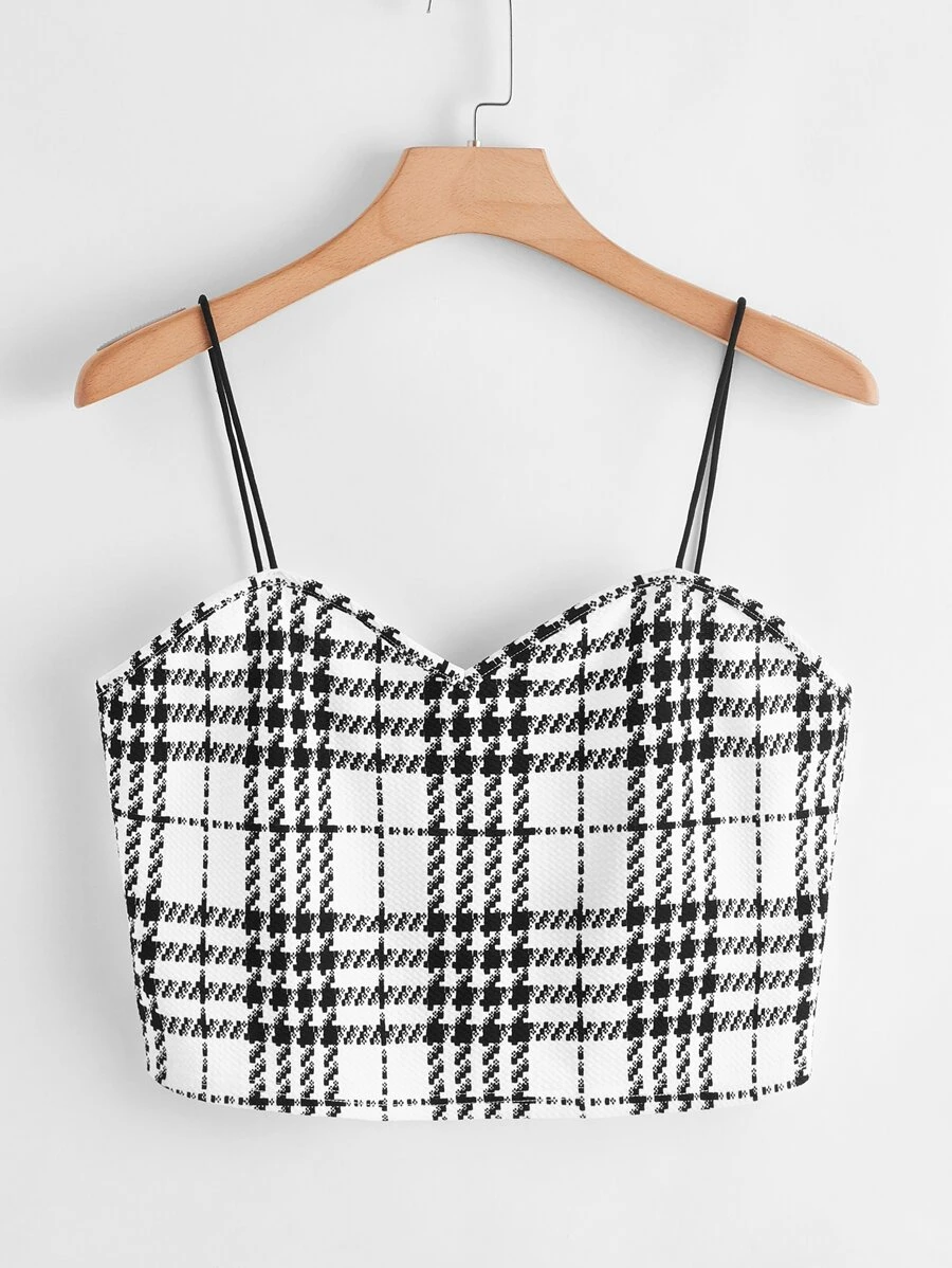 SHEIN 大碼雞心領格紋短版吊帶上衣 - 黑與白 - 查看 1