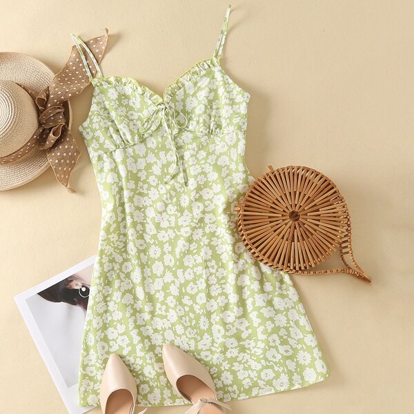 

Floral Frill Tie Front Mini Cami Dress, Green