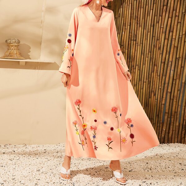 

Floral Embroidery V-neck Tent Dress, Baby pink